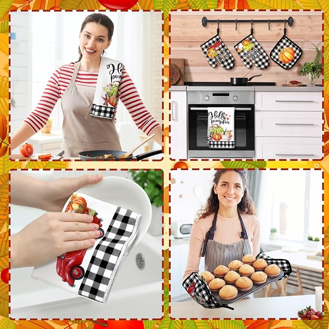 Leinuosen 6 Pack Fall Thanksgiving Kitchen Set with 2 Hello Pumpkin Dish Towels, 2 Buffalo Plaid Pot Holders and 2 Car Oven Mitts for Gifting, Baking, and Cooking Accessories