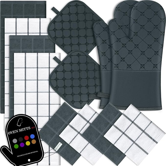 Oven Mitts Kitchen Towels Dishcloths with Pot Holders Sets 12PCS,Dish Towels Sets,Oven Gloves Pot Pads Heat Resistant 500 Degrees with Non-Slip Silicone Surface for Cooking Baking Grilling-Deep Green