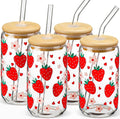 Glass Cups with Lids and Straws with Design Strawberry 4 pcs,Clear Glass Cups 16 oz-DWTS Drinking Glasses Set,Glass Tumbler,Cute Design Glass Iced Coffee Cups with Lids and Straws 480ml