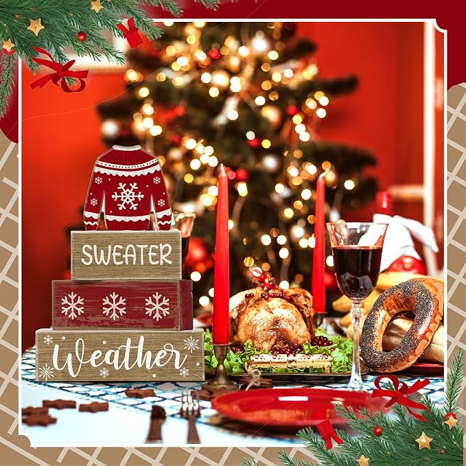 Lineshading 4 Pcs Christmas Table Decoration Wooden Block Signs Sweater | Red Ugly Sweater With Snowflake, Christmas Centerpiece For Tiered Tray, Rustic Wood Block Display, Home Shelf Decor