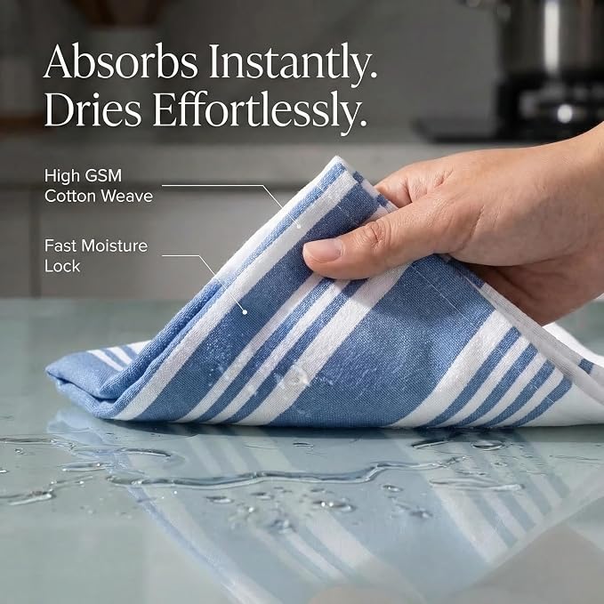 Urban Villa Kitchen Towels 100% Cotton Dish Towels for Kitchen (Set of 6) 20”x30” Dish Cloths Highly Absorbent Kitchen Linen Set with Hanging Loop Perfect for Drying Dishes Cleaning Towels-Blue White