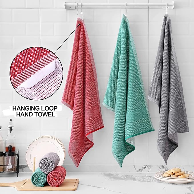 Homaxy 380 GSM Cotton Premium Kitchen Towels 6 Pack, 18"x 28", Mix | Flat and Terry Dish Towels, Highly Absorbent Tea Towel Set with Hanging Loop, Soft Kitchen Hand Towels, Grey/Red/Green