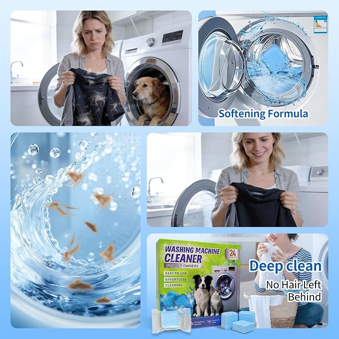 Washing Machine Cleaner Tablets,Pet Owner Formula-24 Tablets | Made for pet owners, provide deep cleaning care for detergent residue and buildup in HE, front load and top load machines.