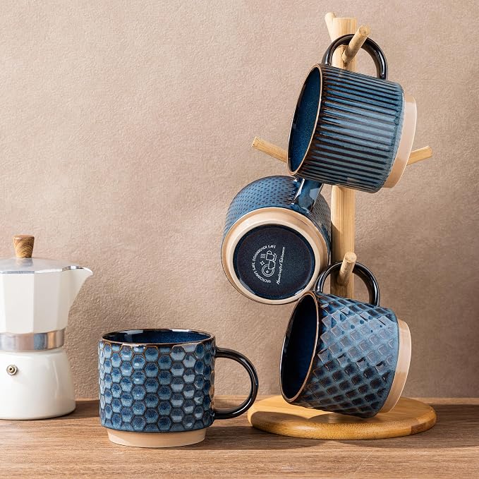 GBhome 15 OZ Stackable Coffee Mugs Set of 4, Ceramic Coffee Cups Set | 4 Assorted Designs, Embossed Mugs with Texture Patterns for Tea/Coffee, Dishwasher&Microwave Safe, Deep Sea