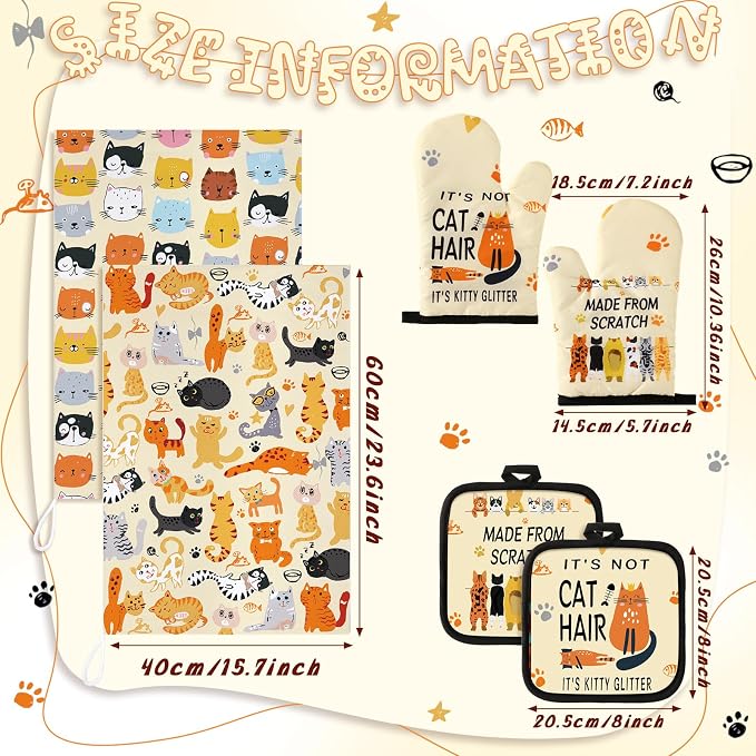 Jingmore 6 Pcs Kitchen Decor Set Accessorie Farmhouse Kitchen Towels Pot Holders Oven Mitts Set 2 Dish Towels 2 Pot Holders 2 Cooking Mittens Oven Glove for Cooking(Vivid Color,Cat)