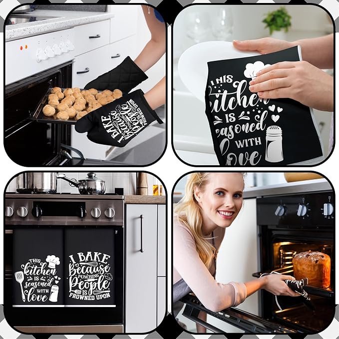 Sratte 6 Pcs Kitchen Decor Accessories Set Set, Baking, Black | Farmhouse Kitchen Towels Pot Holders Oven Mitts Set 2 Dish Towels 2 Potholders 2 Cooking Mittens for Baking Cooking Supply
