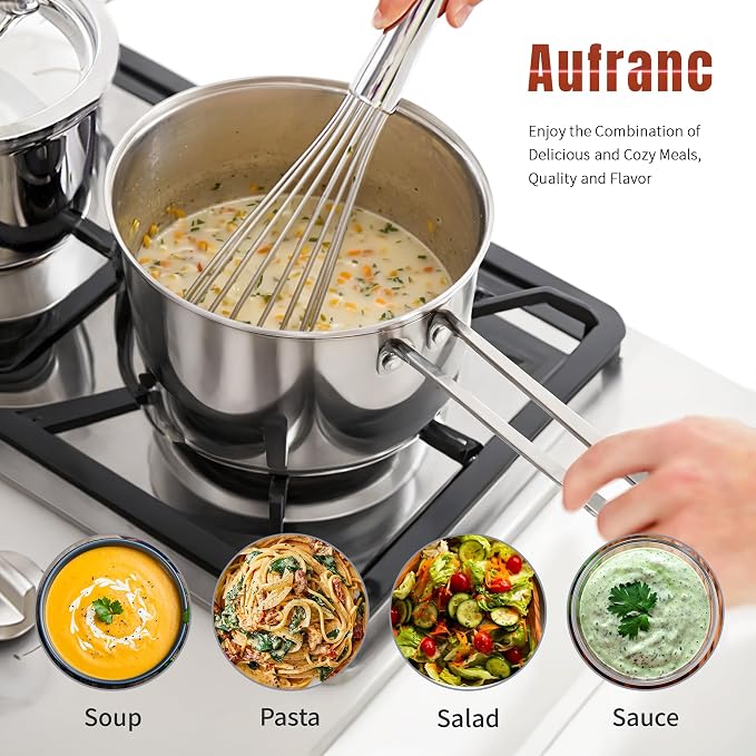 AuFranc® 2 Quart Tri-ply Stainless Steel Saucepan with Glass Lid, Induction Sauce Pan Compatible with All Cooktops, Non-Toxic Sauce Pot with Stay Cool Handle, Oven & Dishwasher Safe (Silver)