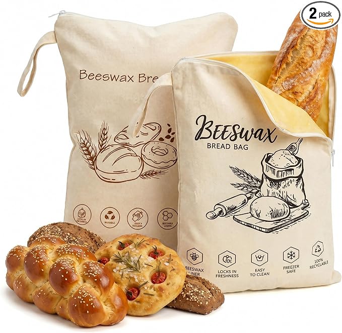 Reusable Beeswax Bread Bags for Homemade&Sourdough, 17"x13", 2 Pack | Organic Linen Beeswax Bag with Wide Zipper,Freezer-Friendly Storage for Bread,Washable Bread Bag,Keeps Loaves Fresh Longer