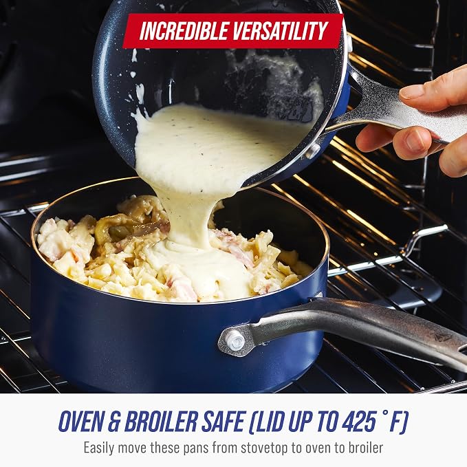 Blue Diamond 2QT Diamond Infused Ceramic Nonstick Sauce Pan with Lid, Blue | PFAS-Free Ceramic Nonstick Chef Pot, Dishwasher & Oven Safe, Durable Metal Utensil Safe, Soups, Glass Lid