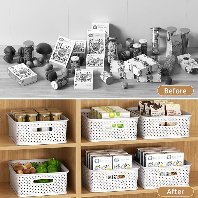 MaxGear 3 Pack Plastic Storage Baskets, Large, White | Durable Woven Plastic with Built-In Handles, Suitable for Shelves, Closets, Cabinets, Bathrooms and Offices