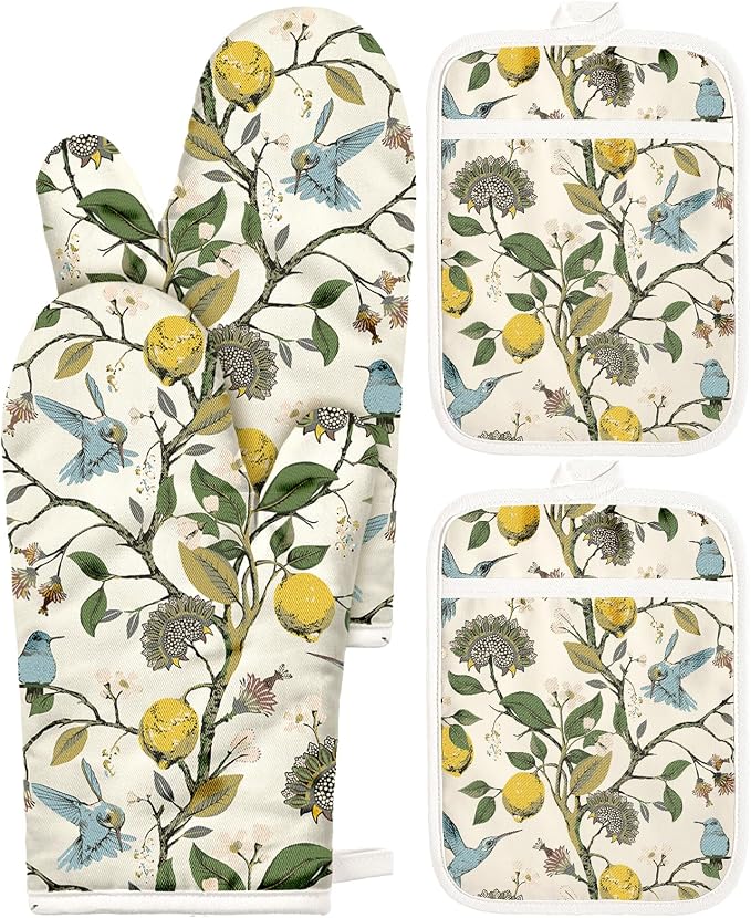 Miss Adola Cotton Oven Mitts and Pot Holders Sets, Lemon Songbird | Heat-resistant up to 350°F, Pure Cotton, Quilted Contact Surface, Stylish Design, with Hanging Loop, Ready to Gift Package