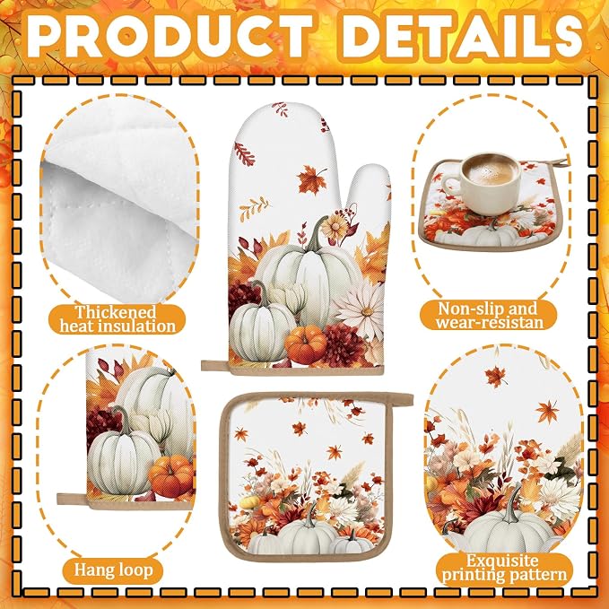 16 Pcs Fall Pumpkin Kitchen Decor and Accessories Set 4 Fall Kitchen Towel 4 Pumpkin Placemat 2 Non Slip Rug and Mat Set for Floor 2 Oven Mitt Glove 2 Pot Holder 2 Curtain for Harvest Home Decor Gift
