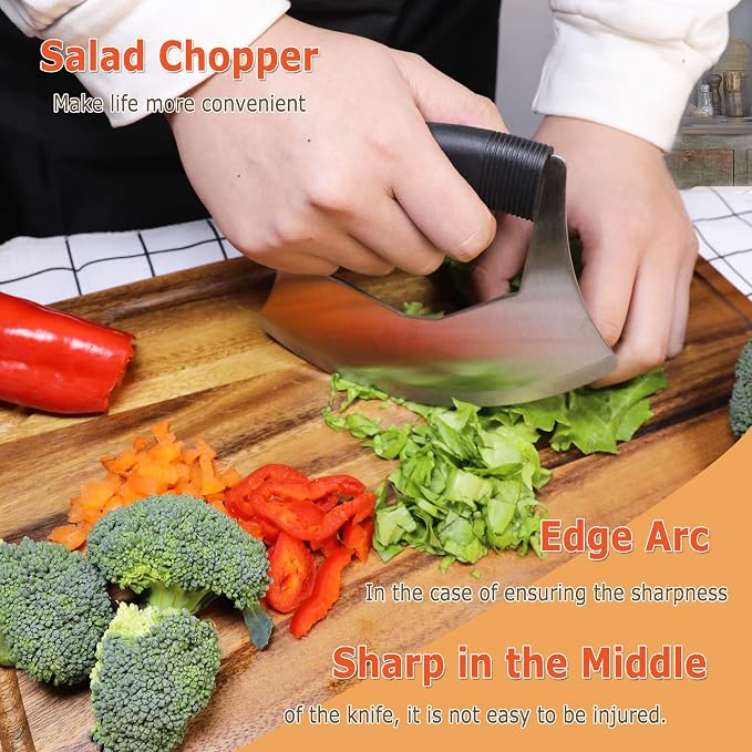 Salad Chopper Mezzaluna Knife with Protective Cover and Anti-Slip Handle - Stainless Steel Vegetable Cutter, Onion Chopper, Pizza Cutter