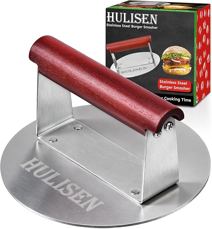HULISEN Stainless Steel Burger Press, 6.2-Inch Round Burger Smasher | Flat Edge, Heat-Resistant Wooden Handle, Even Pressure for Thin Patties, Griddle Accessories Fit Flat Top Griddles & Skillets
