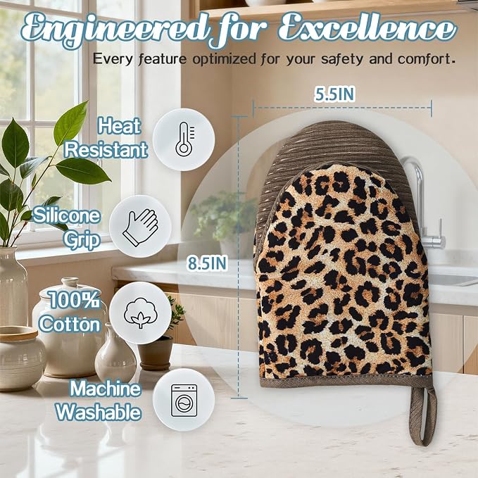 Ribbed Mini Oven Mitts 2-Pack Set, 5.5"x8.5", Leopard Printed, Heavy Duty Cotton, Non-Slip Heat Resistant Soft Silicone Oven Mitts with Hanging Loop for Cooking Kitchen Decor