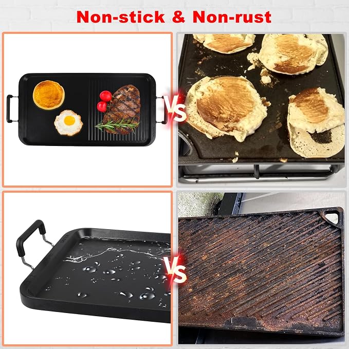 2-in-1 Stove Top Griddle & Grill Pan, 20 Inch Non-Stick Double Burner Griddle for Gas, Electric, and Camping Stoves, Perfect for Pancakes, BBQ, and Indoor/Outdoor Cooking