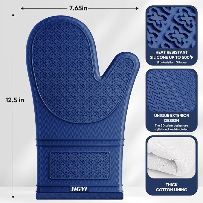 Silicone Oven Mitts, Heat Resistant Oven Gloves with Quilted Liner, Waterproof & Non-Slip Kitchen Mittens for Baking Cooking BBQ, 500°F, 12.5"-Madnight Blue