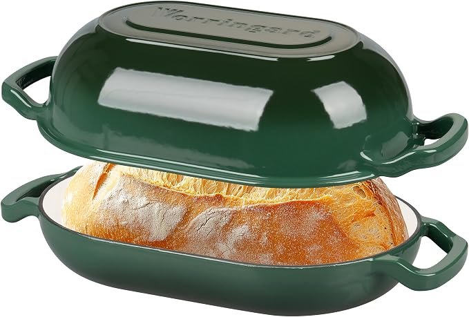 VORRINGARD Enameled Cast Iron Sourdough Bread Oven, Dutch Oven, Loaf Cast Iron Bread Pan for Homemade Bread Baking, Meatloaf Pan with Lid, 5QT, Dark Green