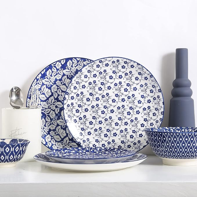 Selamica 8 inch Porcelain Dinner Plates, Large Size Serving Plate for Salad, Pancakes, Steak, Set of 6, Vintage Blue