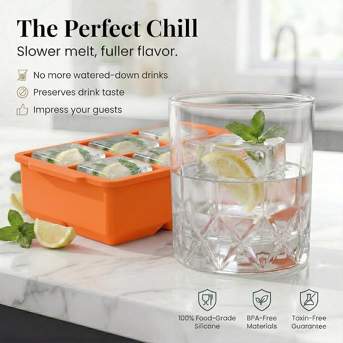 KitchFort® Large Silicone Ice Cube Tray (2-Pack) - 2" Big Ice Mold with Lid | Easy Release, Cocktail, Whiskey Ice Cubes Mold - Food Grade - Ice Cube Trays for Freezer - Stackable Silicone Ice Tray