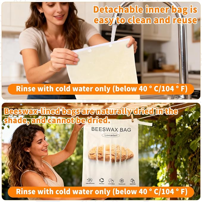 Cotton Beeswax Bread Bags for Sourdough Homemade with Zipper, Freezer-Friendly & Freshness Preservation, 2 Pack XL Natural Detachable Reusable Beeswax Lined Bread Bag Easy to Clean