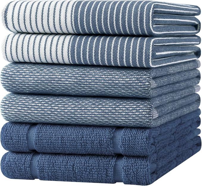 Homaxy 6 Pack Cotton Terry Premium Kitchen Towels, 18 x 28 in, Navy Blue | Large 380 GSM Dish Towels, Highly Absorben Flat & Terry Kitchen Hand Towels, Soft Utility Tea Towel Set with Hanging Loop