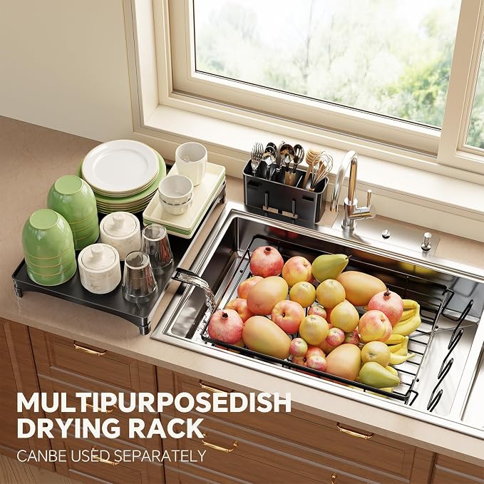 Simple Trending Dish Drying Rack for Kitchen Counter, Stainless Steel Dish Rack, Large Dish Drainer Organizer with Cutlery Holder & Cup Holders, Black