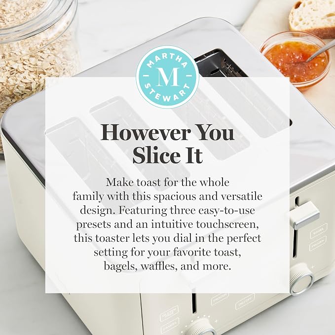 Martha Stewart 4-Slice Toaster, 3 Presets & 10 Shade Settings, Linen Cream | Gluten-Free, Bagels, Extra-Wide Self Centering Slots, Waffles & Artisan Bread, Shade Memory, Cord Wrap & Removable Crumb Tray