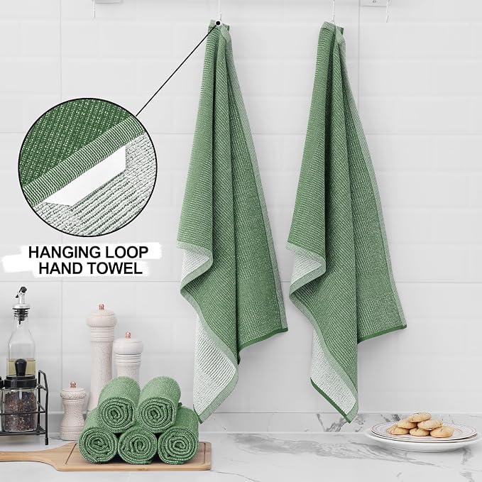 Homaxy 380 GSM Cotton Premium Kitchen Towels 8 Pack, 18"x 28", Grass Green | Flat and Terry Dish Towels, Highly Absorbent Tea Towel Set with Hanging Loop, Soft Utility Kitchen Hand Towels