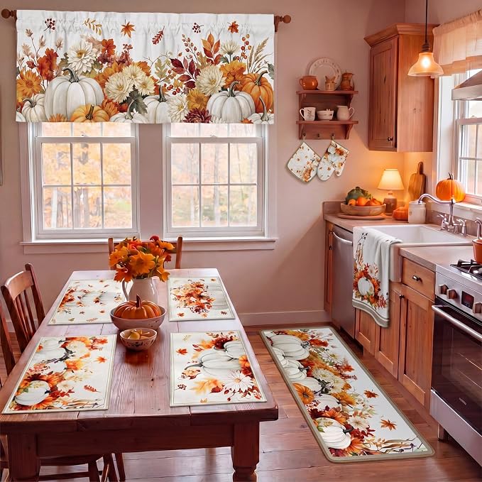 16 Pcs Fall Pumpkin Kitchen Decor and Accessories Set 4 Fall Kitchen Towel 4 Pumpkin Placemat 2 Non Slip Rug and Mat Set for Floor 2 Oven Mitt Glove 2 Pot Holder 2 Curtain for Harvest Home Decor Gift