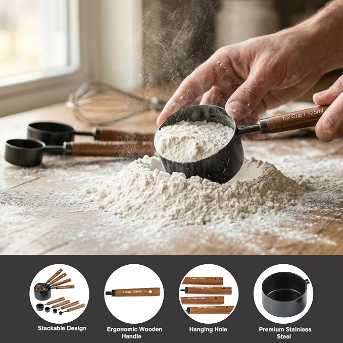 Measuring Cups and Spoons Set, 8PCS Stainless Steel Metal Measuring Cups, Walnut Wood Handle, Black Plated, For Dry and Liquid Ingredients