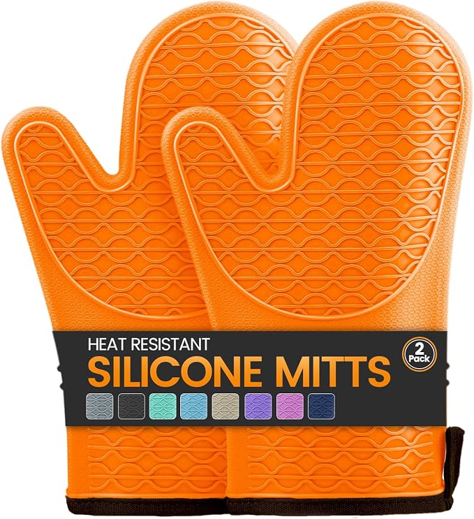 Silicone Oven Mitts, Heat Resistant 2PCS Oven Mitts with Soft Cotton Lining, Waterproof Non-Slip Grip Oven Glove, Kitchen Potholder Mits for BBQ, Baking, Cooking, 12.5 Inch - Orange