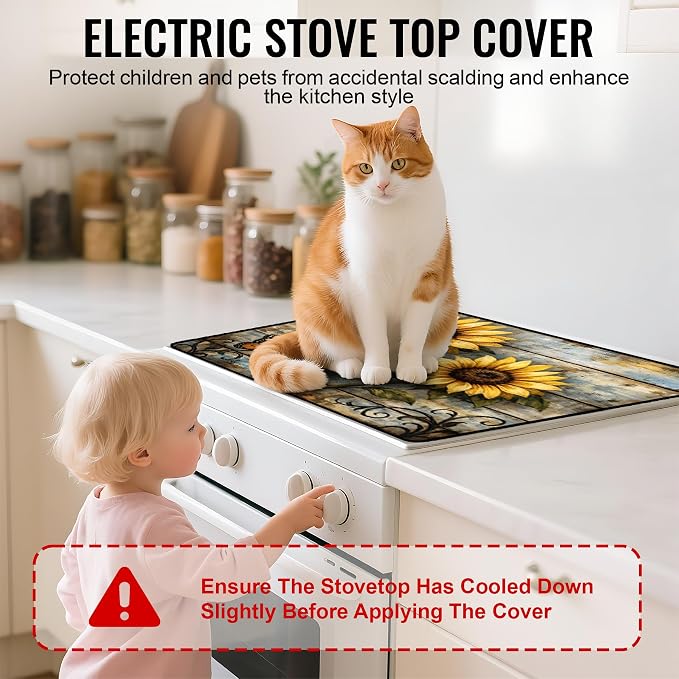 NYZE Stove Cover for Glass Top Stoves, Extra Counter Space 28" x 20" Rustic Sunflower Decorative Cooktop Protector, Heat Resistant Mat Pad for Kitchen Organization