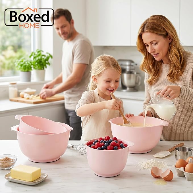 BoxedHome Mixing Bowls Set of 4, BPA Free Plastic,Microwave Safe, Pink | 4.5/3.5/2.5/1.7 quarts, Non-slip Base Large Nesting Bowl with Pour Spout, Dishwasher Safe, for Prep, Cooking,Baking