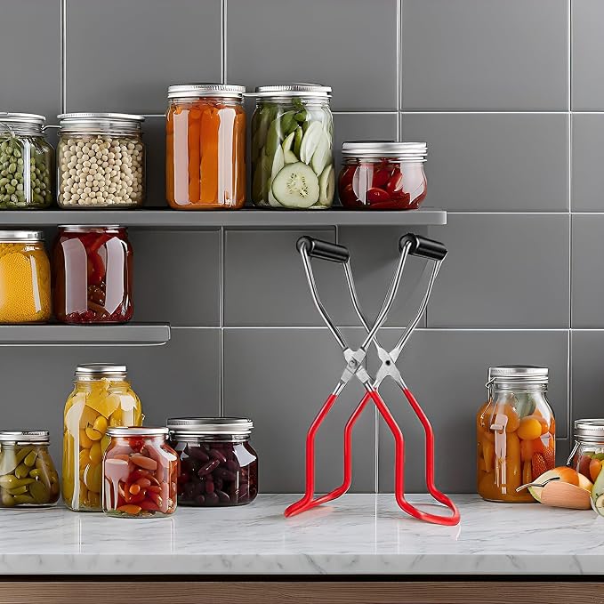 Canning Jar Lifter Tongs - Stainless Steel Jar Lifter with Rubber Grips | Slip Wide-Mouth Clip for Kitchen Restaurant, Red