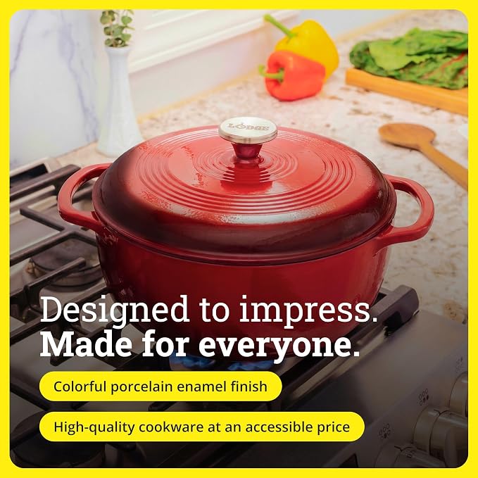 Lodge Essential Enamel Cast Iron Dutch Oven 6 Quarts - Perfect for Bread Baking, Braising, Marinating & Slow Cooking, Features Moisture-Sealing Lid & Dual Handles, Kitchen Essentials, Island Spice Red