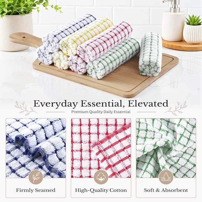 Homaxy 8 Pack Terry Kitchen Dish Cloths, 12"x12", Blue/Yellow/Red/Green | Super Soft and Absorbent Dish Rags, Quick Drying Reusable Dish Towels for Washing Dishes