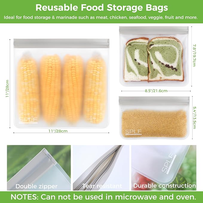 SPLF 18 Pack Reusable Food Storage Bags Dishwasher Safe | Extra Thick Reusable Freezer Bags Leakproof Silicone and Plastic Free Lunch Bag- 6 Gallon, 6 Sandwich, 6 Snack