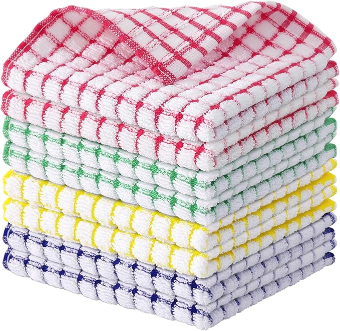 Kitinjoy Cotton 8 Pack Terry Kitchen Dish Cloths, Mixed Color | 12 x 12 Inches Super Soft and Absorbent Dish Rags, Quick Drying Dish towels for Washing Dishes