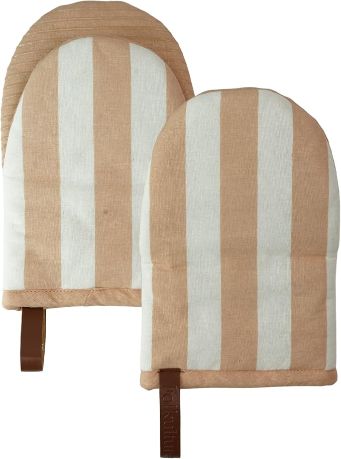 Folkulture Oven Mitts, Striped Cream, Set of 2, Heat Resistant - (5.75"x9") | 100% Cotton, Non Slip, Silicone, Cute Striped Mini Mits with Hanging Loop, Kitchen Décor, Cooking Gifts, New Home Essentials