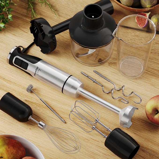 MuellerLiving Immersion Hand Blender Full Set - 8 Speed Immersion Blender, Hand Mixer with 7 Attachments: Stainless Steel Blade, Whisk, Milk Frother, Beater, Mixing Hooks, Potato Masher, Chopper Bowl | Mixer with 7 Attachments: Stainless Steel Blade, W...