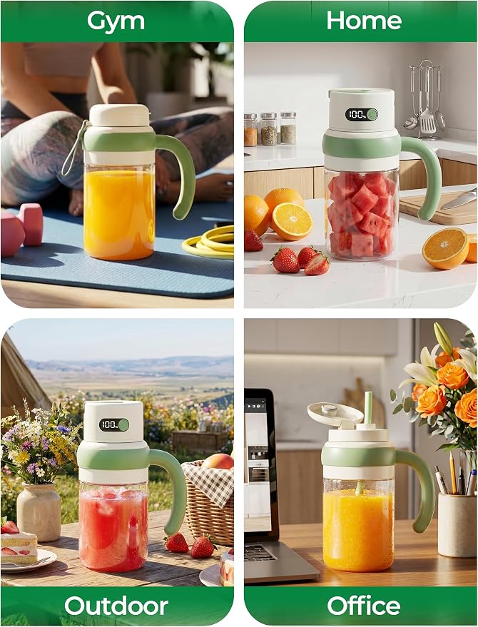 Portable Juicer Blender Cup, USB-C Rechargeable, Green | LED display, cordless use and dual lids for fruit drinks, protein shakes and small ice cubes; 500ml max blending.