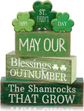Lineshading 4 Pcs Wooden Shamrocks Block Signs Farmhouse Tiered Tray | Rustic Tabletop Decoration, Stacking Design with Shamrock Cutouts, Irish Blessings Message, St. Patrick's Day Display