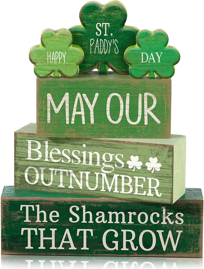Lineshading 4 Pcs Wooden Shamrocks Block Signs Farmhouse Tiered Tray | Rustic Tabletop Decoration, Stacking Design with Shamrock Cutouts, Irish Blessings Message, St. Patrick's Day Display