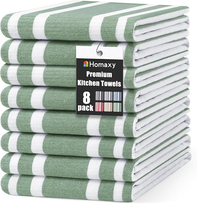 Homaxy Premium Cotton Stripe Kitchen Towels 8 Pack, 18"x 28", Grass Green | Large 380 GSM Kitchen Hand Towels, Soft Terry Dish Towels, Highly Absorbent Tea Towel Set with Hanging Loop