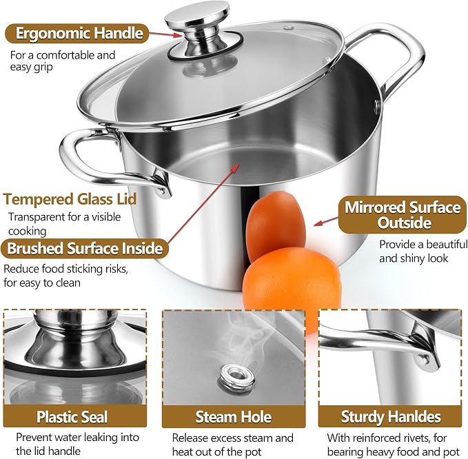 P&P CHEF 8 Quart Tri-Ply Stainless Steel Stock Pot, Cooking Pot with Lid | 8 Qt Stockpot for Soup Pasta Vegetable, Induction Cookware for All Stoves, Sturdy & Double Handle, Oven & Dishwasher Safe