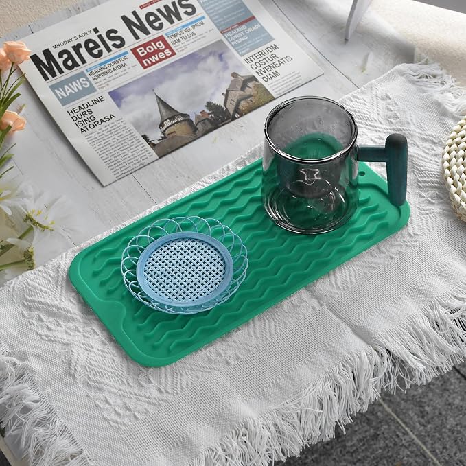 Silicone Dish Drying Mat, Non-Slip Easy Clean Sink Mat, Green, 12" x 6" | Quick-Dry Ridges, Large Heat-resistant Dish Drainer Mat for Kitchen Counter, Hangable & Roll-Up for Storage, Dishwasher Safe