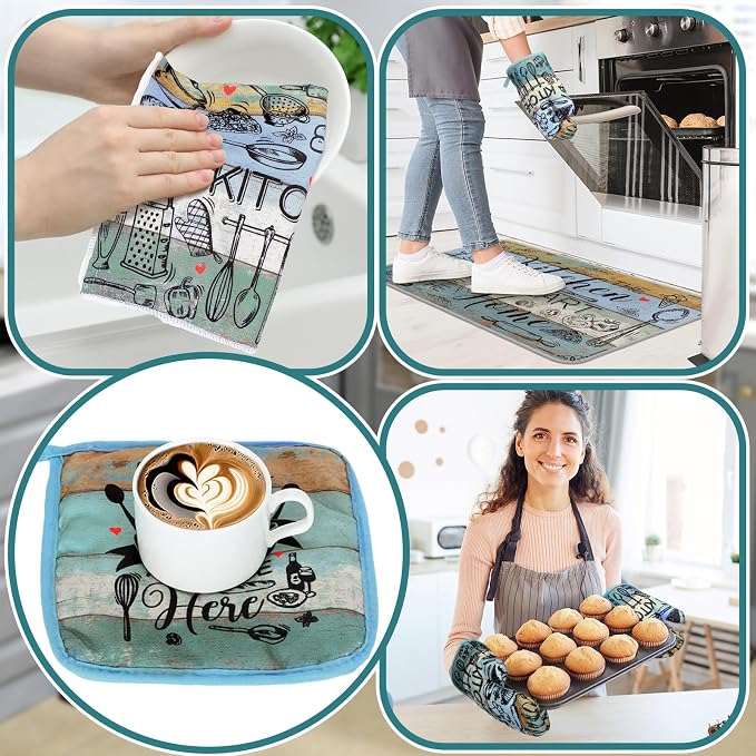 Fourluoo 10 Pcs Farmhouse Kitchen Decor and Accessories Dusty Blue Oven Mitts and Pot Holders Sets Vintage Dish Towels Rustic Kitchen Rugs and Mats for Home Decor Baking Cooking Birthday Summer Gifts