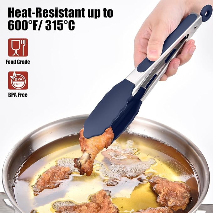 Doosu Kitchen Tongs with Silicone Tips for Cooking Serving (9in, Navy Blue) | 600°F Heat Resistant Food Tong, Heavy Duty Stainless Steel Locking Tong for BBQ, Grilling Steak, Salad, Toast, Pasta