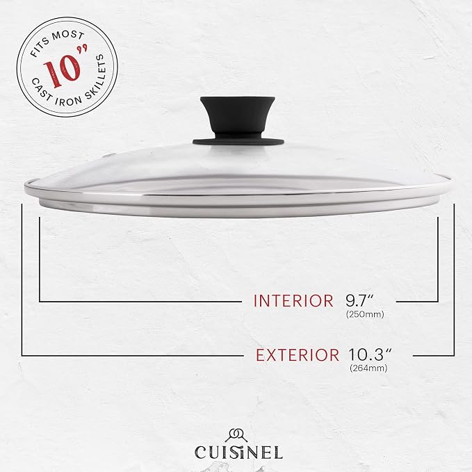 Cuisinel Cast Iron Skillet with Lid - 10"-Inch Pre-Seasoned Frying Pan + Glass Cover + Heat-Resistant Handle Holder - Indoor/Outdoor Use - Grill, Stove, Camp Firepit, Induction - Oven Safe Cookware